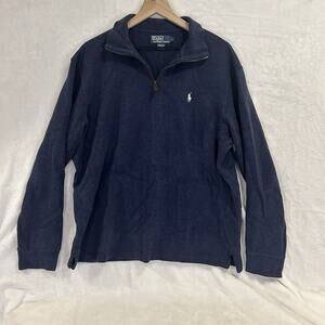 Polo Ralph Lauren Men's Sz L 1/4 Zip Blue Sweater Pullover Leather Zipper Pull